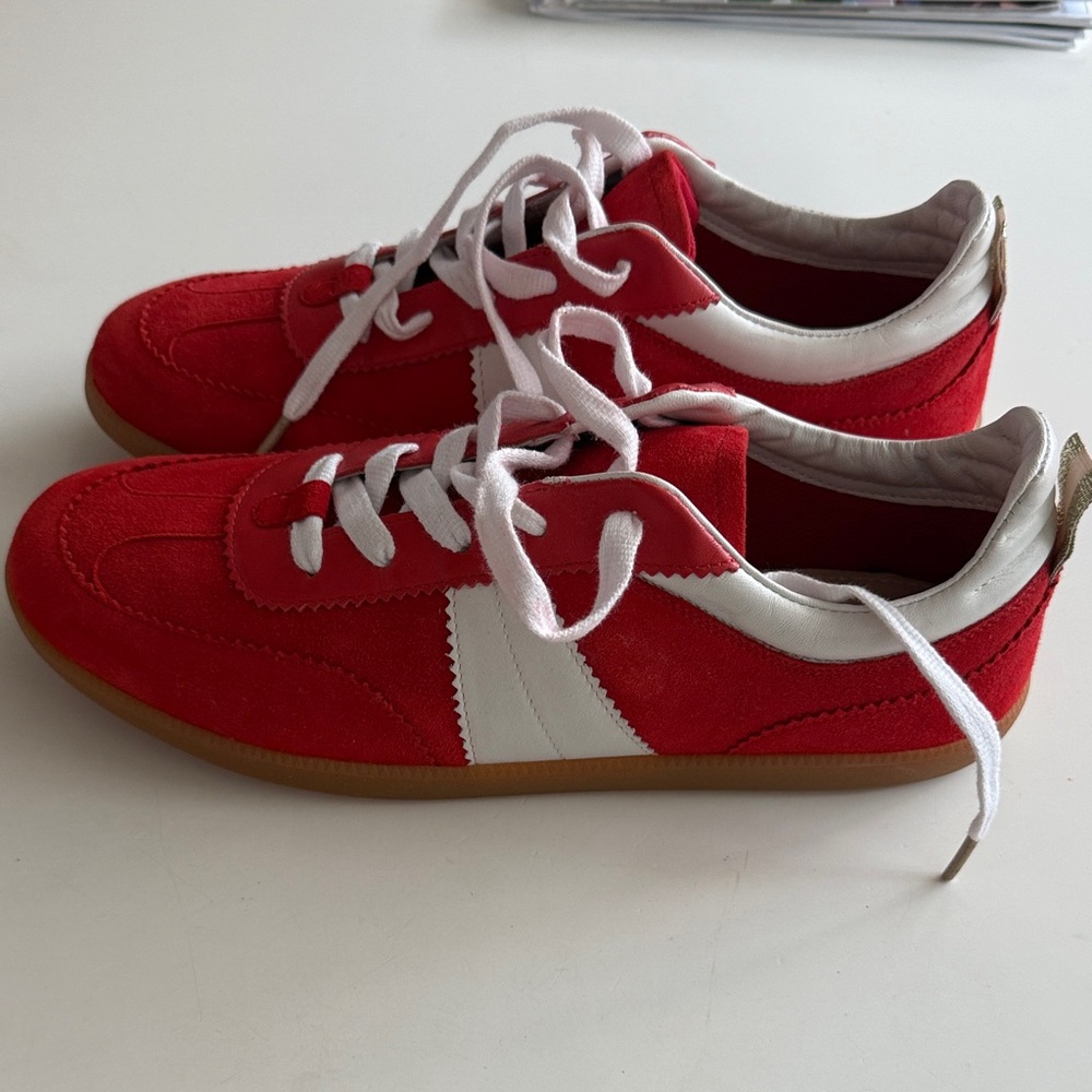 Boden Red Suede Sneakers with White Stripe